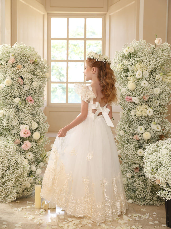 Ball-Gown Tulle Square Neckline Sleeveless Floor-Length Lace Flower Girl Dresses