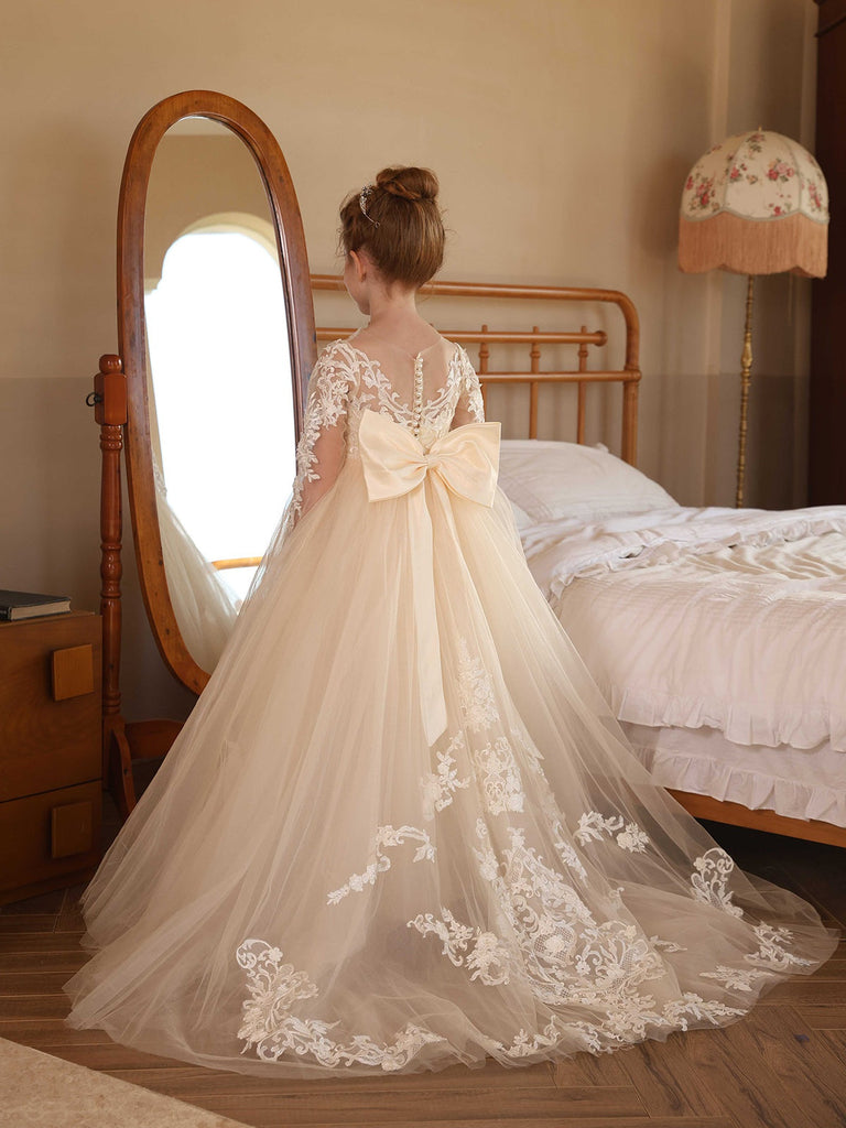 OwlFay Girls Flower Girl Wedding Dress - Long Sleeve Lace Maxi Ball Gown With Rhinestone Belt, Ages 3-12