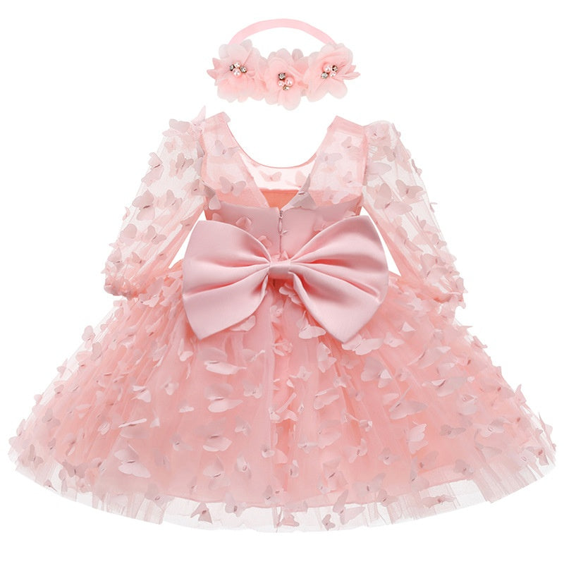 A-Line/Princess Scoop Neck 3/4 Length Sleeves Knee-Length Flower Girl Dress with 3D Butterfly