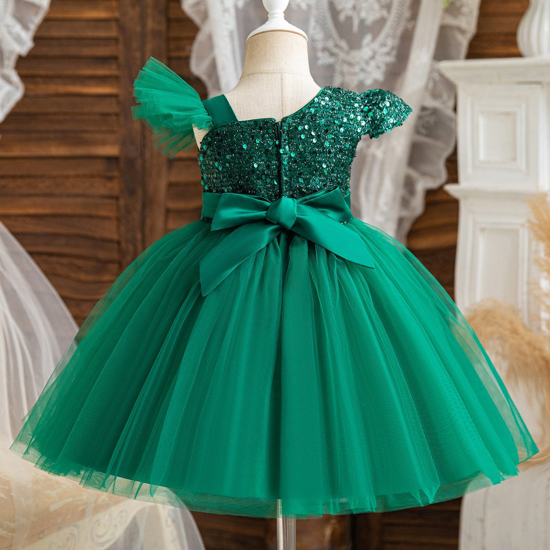 Ball-Gown One-Shoulder Short Sleeves Knee-Length Flower Girl Dress with Lace,Sequins & Bowknot