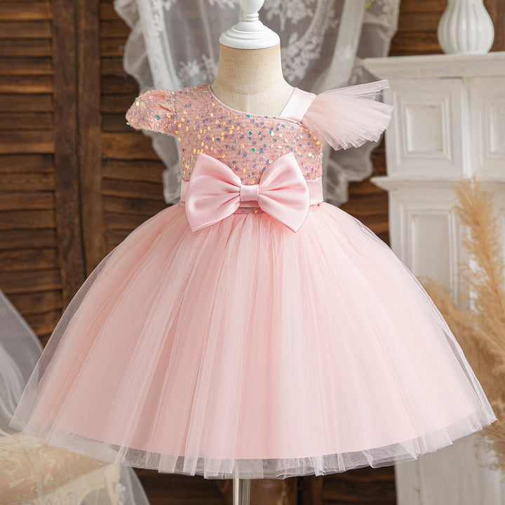 Ball-Gown One-Shoulder Short Sleeves Knee-Length Flower Girl Dress with Lace,Sequins & Bowknot