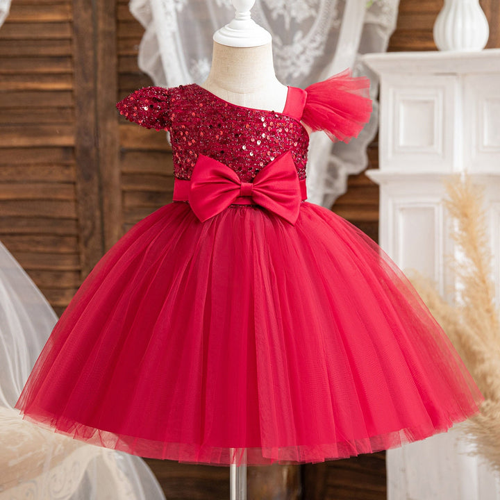 Ball-Gown One-Shoulder Short Sleeves Knee-Length Flower Girl Dress with Lace,Sequins & Bowknot