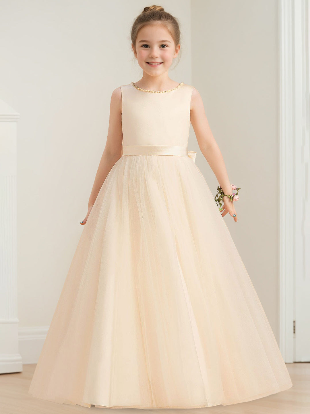 Ball Gown Scoop Neck Sleeveless Knee-Length Flower Girl Dress with Beads,Pearls & Bowknot