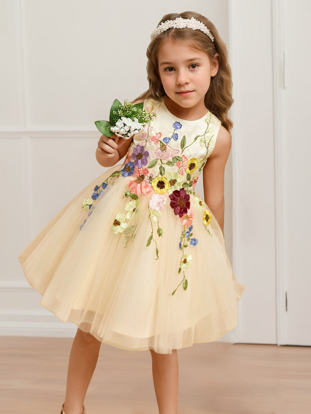 A-Line/Princess Scoop Neck Sleeveless Knee-Length Flower Girl Dress with 3D Flowers & Bowknot