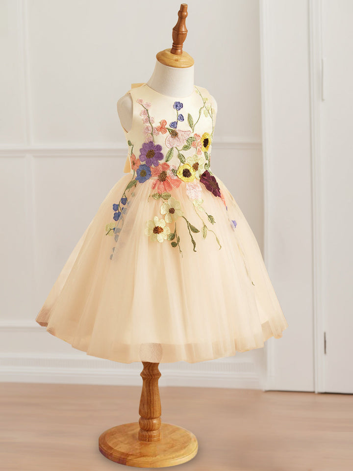 A-Line/Princess Scoop Neck Sleeveless Knee-Length Flower Girl Dress with 3D Flowers & Bowknot