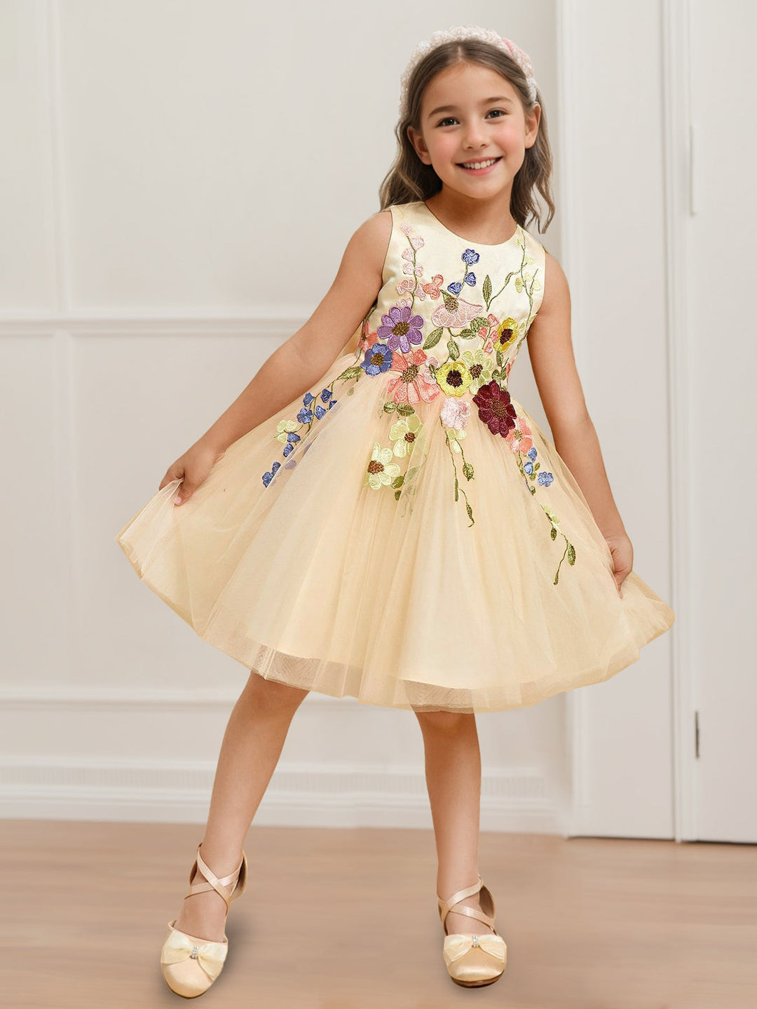 A-Line/Princess Scoop Neck Sleeveless Knee-Length Flower Girl Dress with 3D Flowers & Bowknot