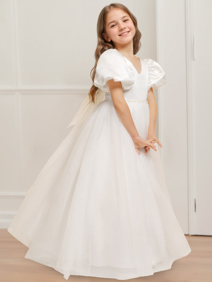 Ball Gown V-Neck Short Sleeves Floor-Length Flower Girl Dress with Beads & Bowknot