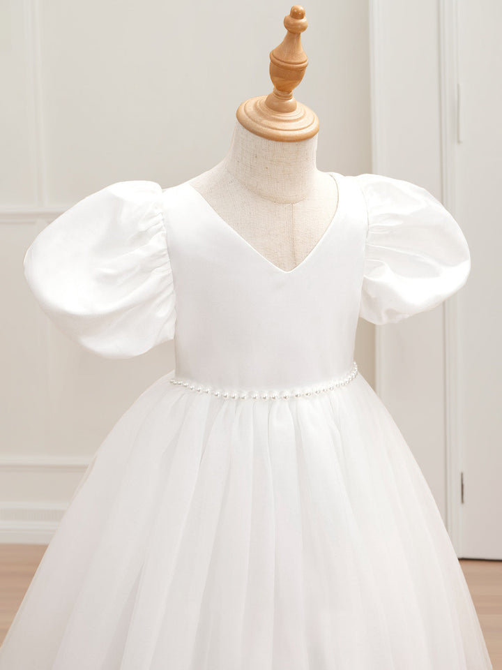 Ball Gown V-Neck Short Sleeves Floor-Length Flower Girl Dress with Beads & Bowknot