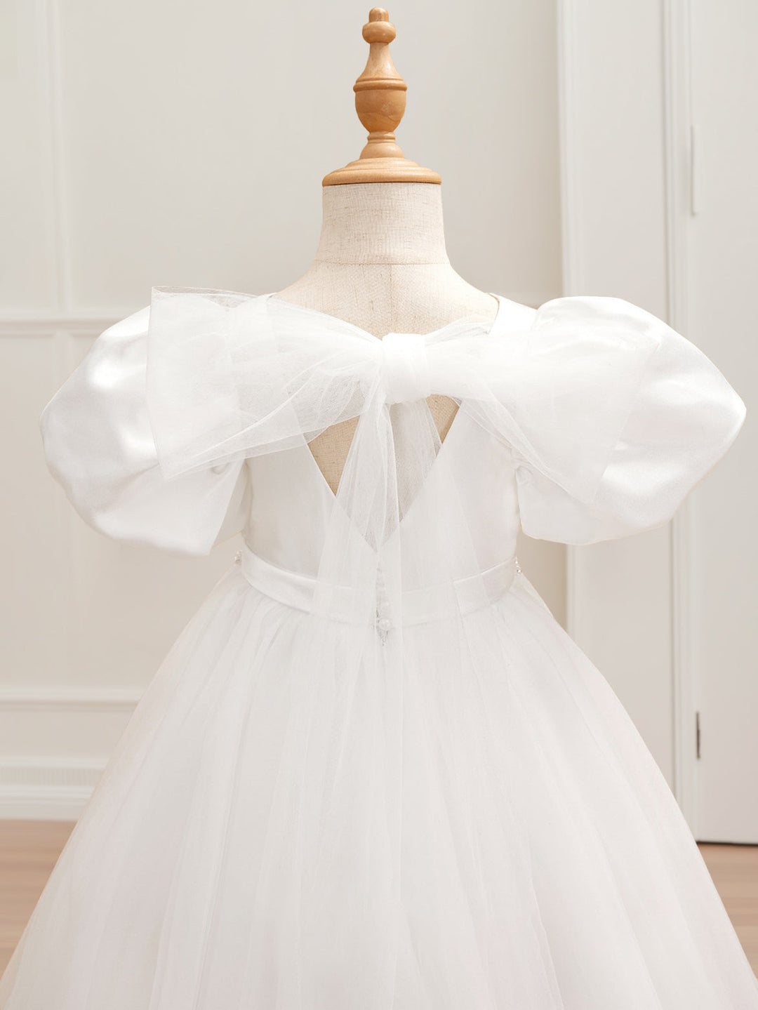 Ball Gown V-Neck Short Sleeves Floor-Length Flower Girl Dress with Beads & Bowknot