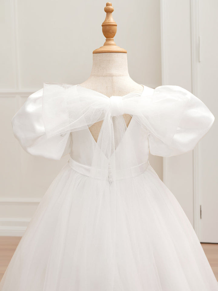 Ball Gown V-Neck Short Sleeves Floor-Length Flower Girl Dress with Beads & Bowknot