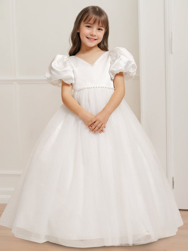 Ball Gown V-Neck Short Sleeves Floor-Length Flower Girl Dress with Beads & Bowknot