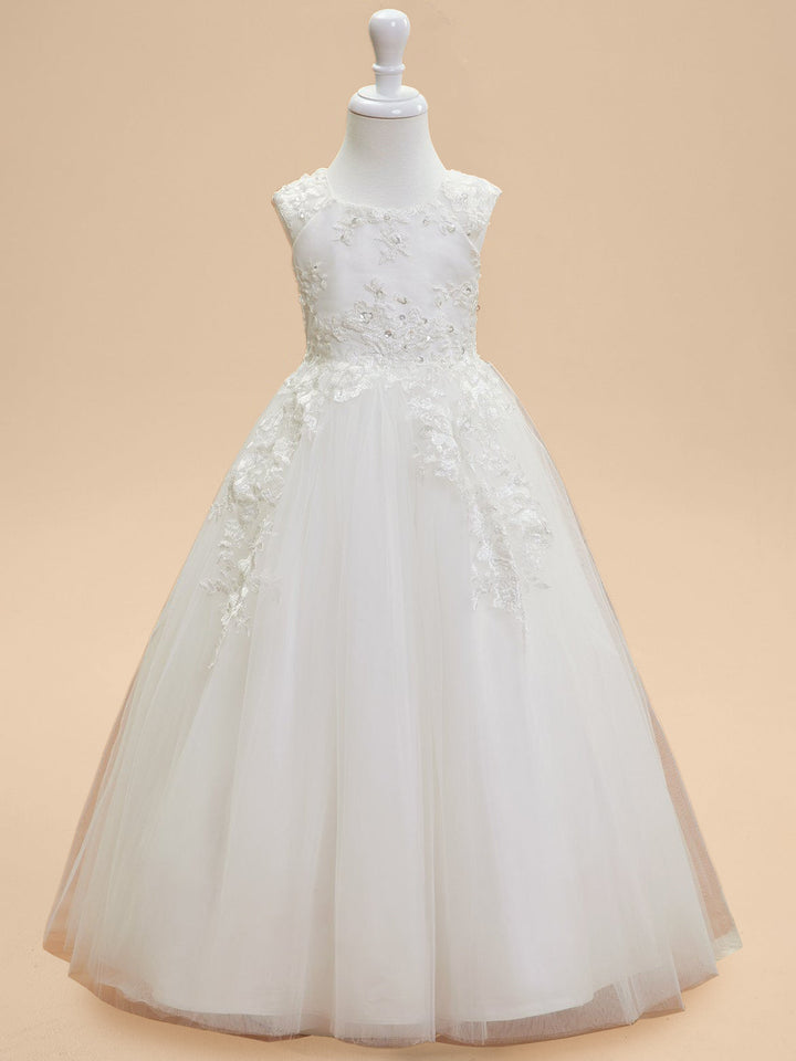 Ball Gown Scoop Neck Sleeveless Knee-Length Flower Girl Dress with Lace Appliques & Bowknot