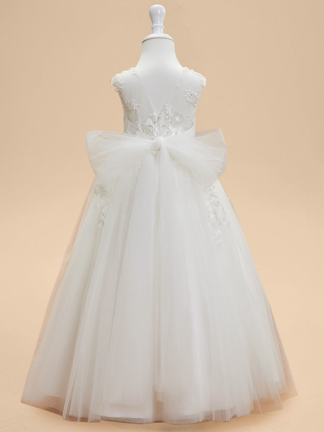 Ball Gown Scoop Neck Sleeveless Knee-Length Flower Girl Dress with Lace Appliques & Bowknot