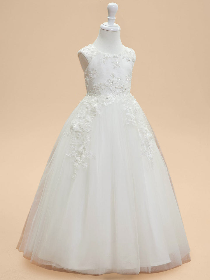 Ball Gown Scoop Neck Sleeveless Knee-Length Flower Girl Dress with Lace Appliques & Bowknot