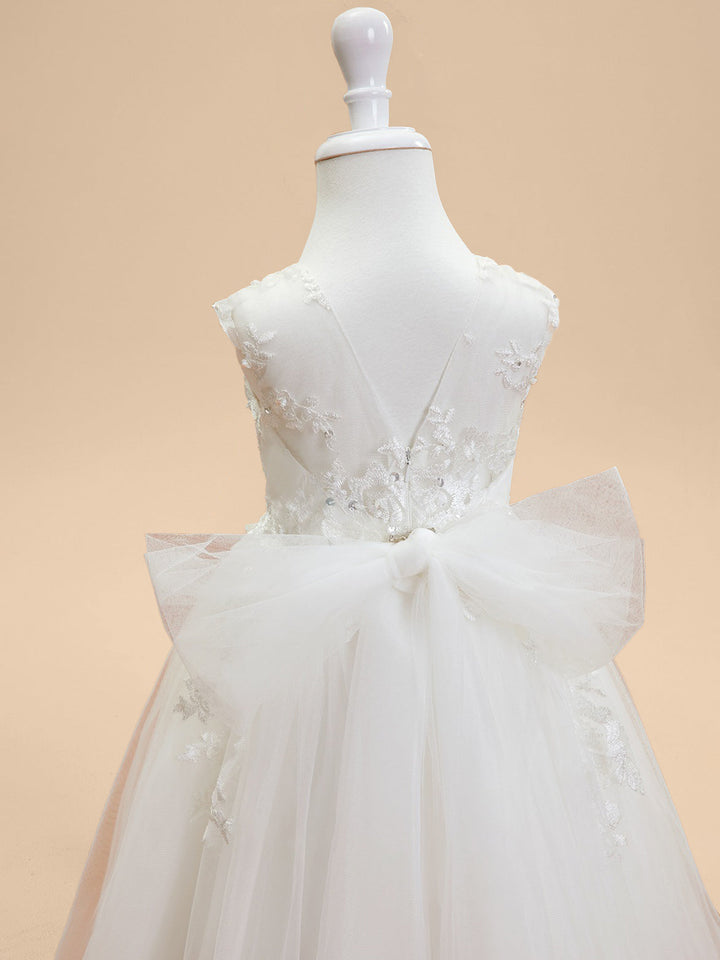 Ball Gown Scoop Neck Sleeveless Knee-Length Flower Girl Dress with Lace Appliques & Bowknot