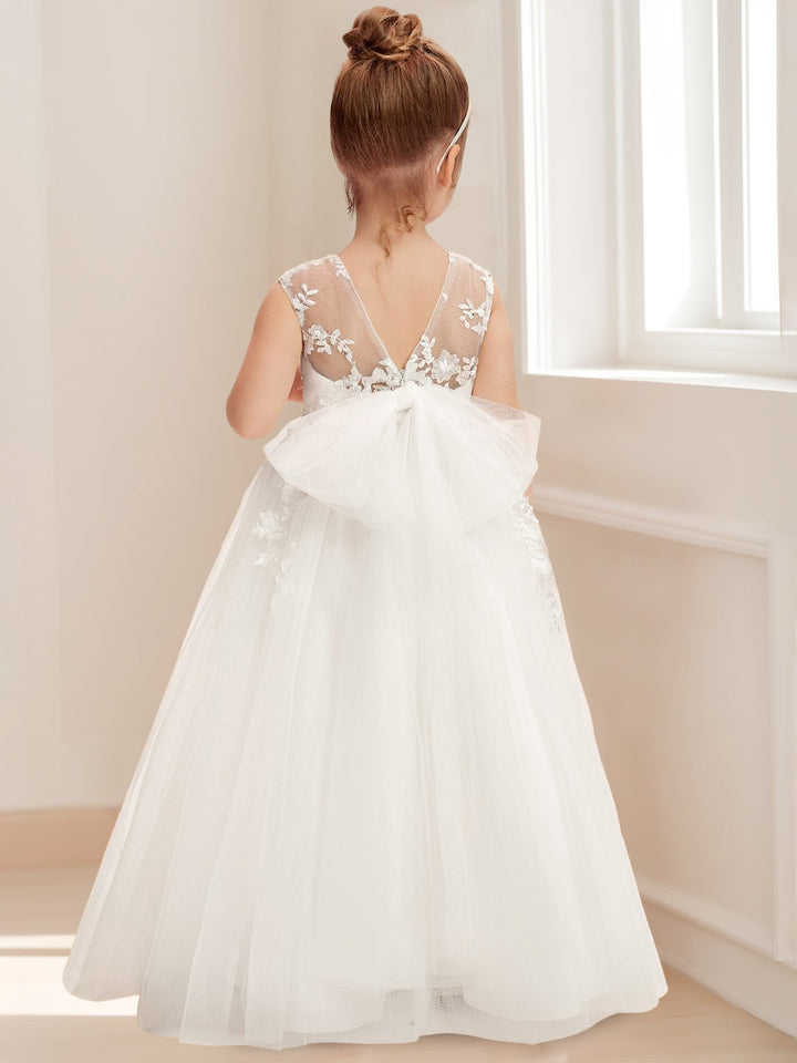 Ball Gown Scoop Neck Sleeveless Knee-Length Flower Girl Dress with Lace Appliques & Bowknot