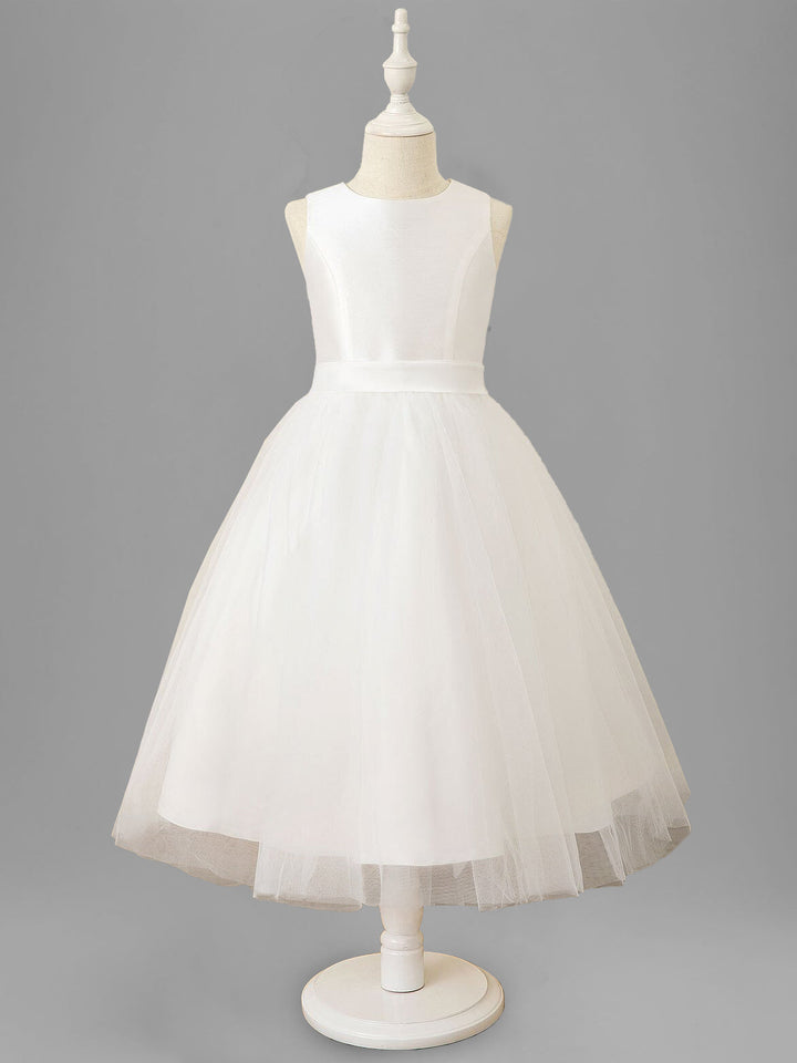 A-Line/Princess Scoop Neck Sleeveless Tea-Length Flower Girl Dress with Bowknot