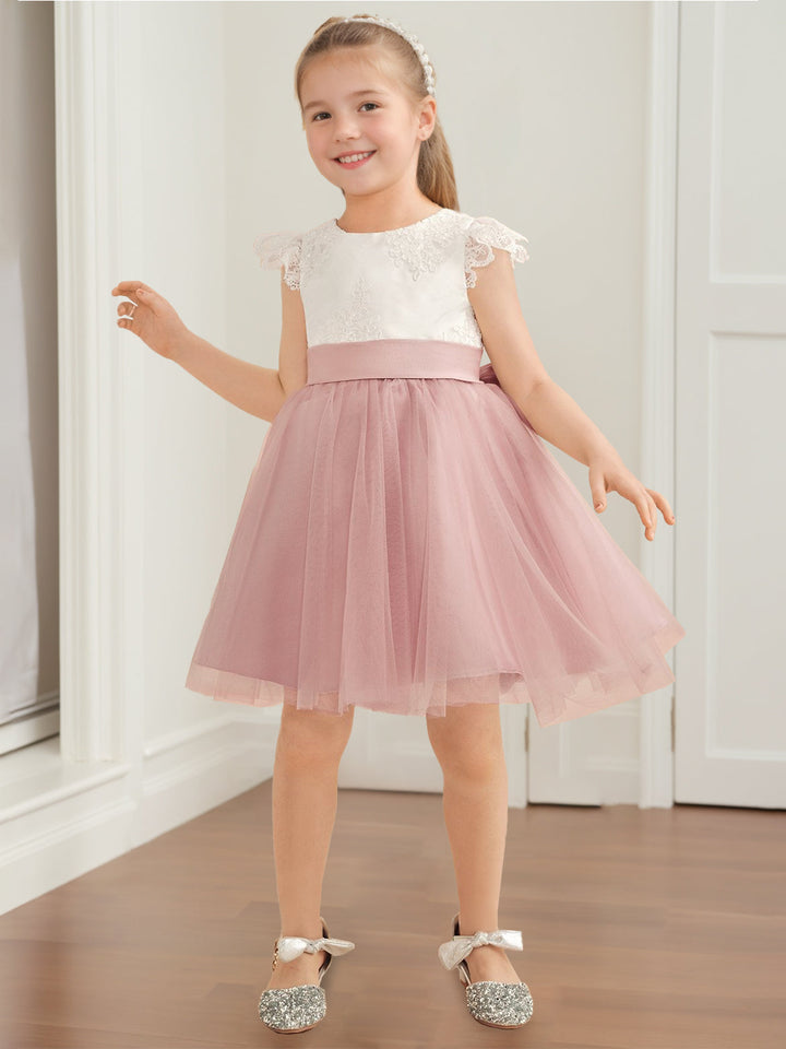 A-Line/Princess Scoop Neck Short Sleeves Knee-Length Flower Girl Dress with Appliques & Bowknot