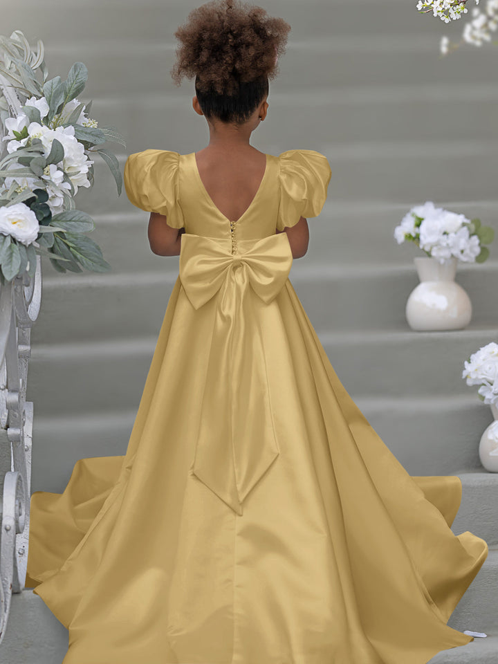 Puff Sleeve Bow Button Back Sweep Train Flower Girl Dress