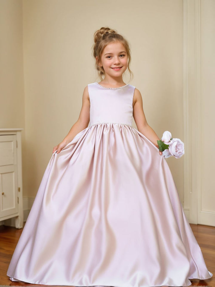 Pink Sleeveless Satin Beaded Neckline and Bow Detail Dress