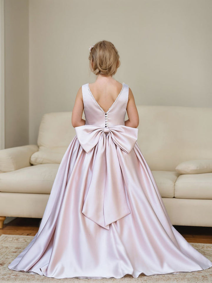 Pink Sleeveless Satin Beaded Neckline and Bow Detail Dress