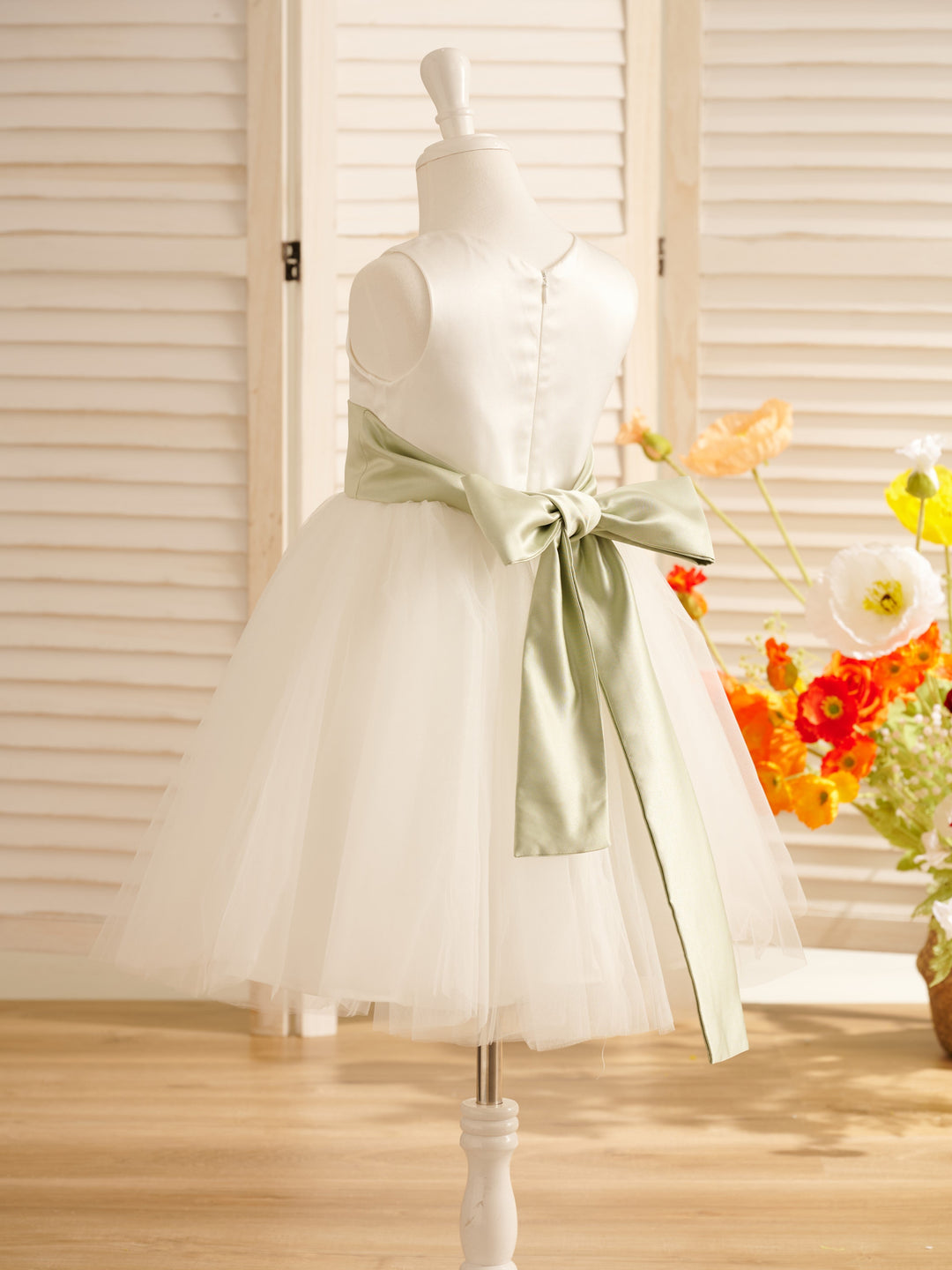 A-Line Satin Tulle Knee-length Flower Girl Dress