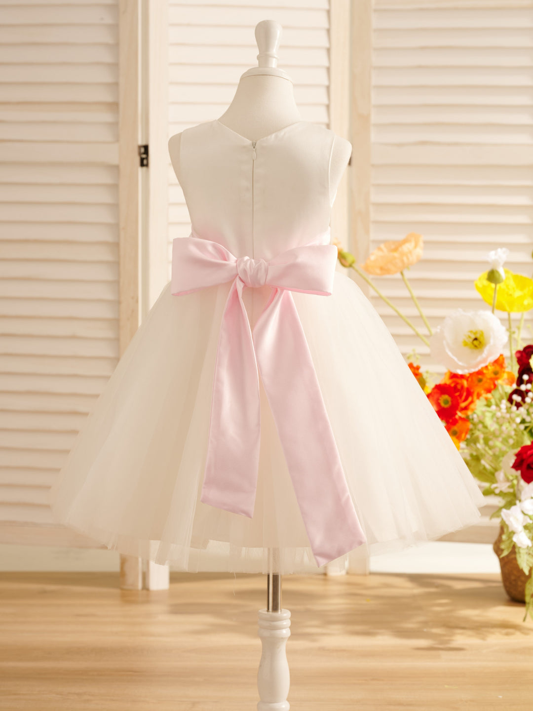 A-Line Satin Tulle Knee-length Flower Girl Dress