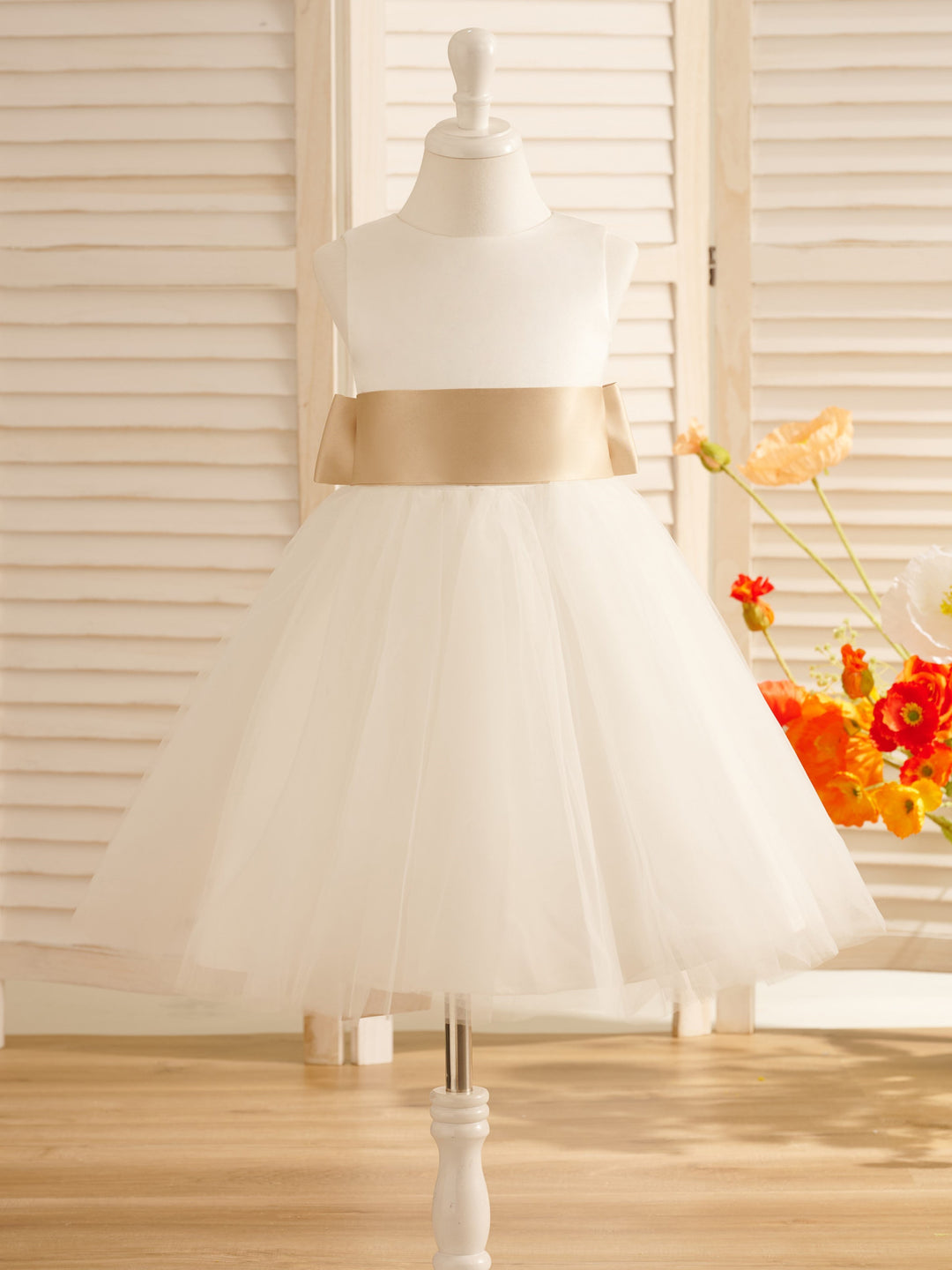 A-Line Satin Tulle Knee-length Flower Girl Dress