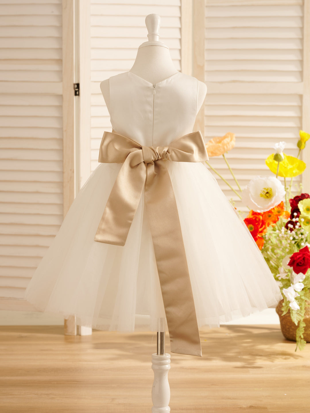 A-Line Satin Tulle Knee-length Flower Girl Dress