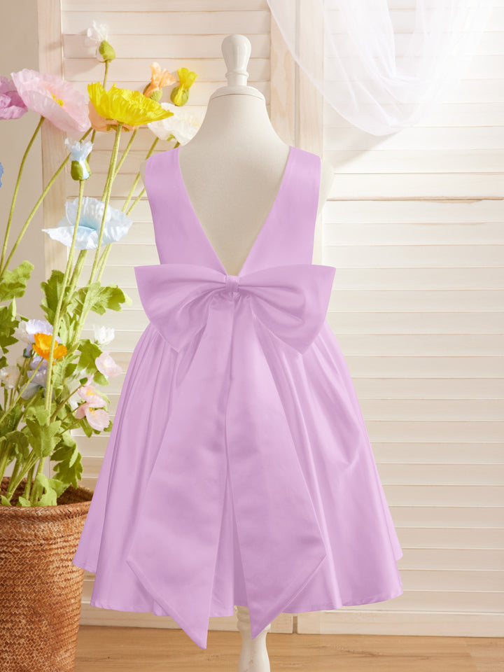 Elegant A-line Satin V-Back Bow Knee-length Flower Girl Dress