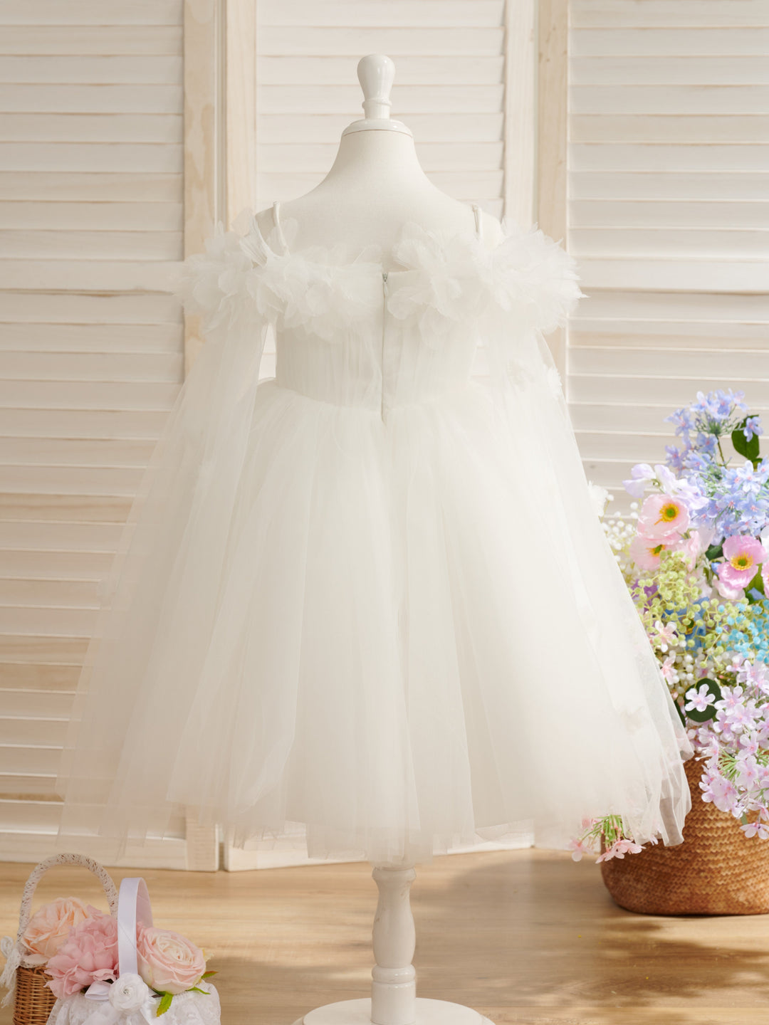 Ball-Gown/Princess Satin Tulle Tea-length Ivory Flower Girl Dress