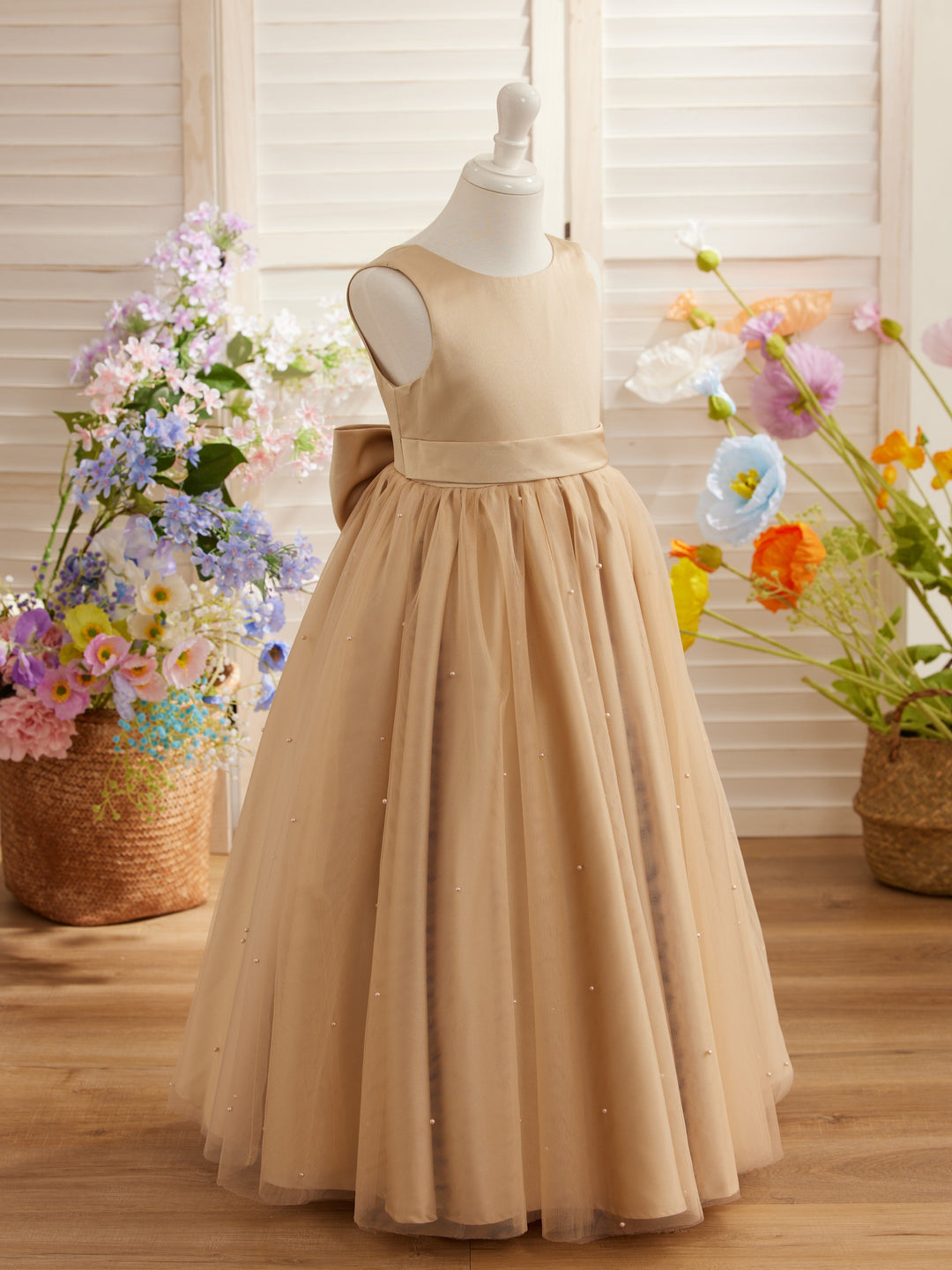 Ball-Gown/Princess Satin Tulle Champagne Flower Girl Dress