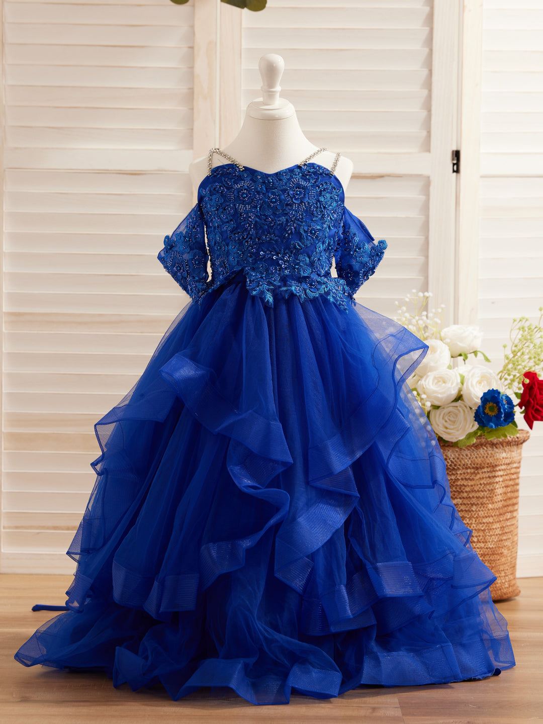 Tulle Princess Ball Gown with Floral Appliques and Beading for Girls