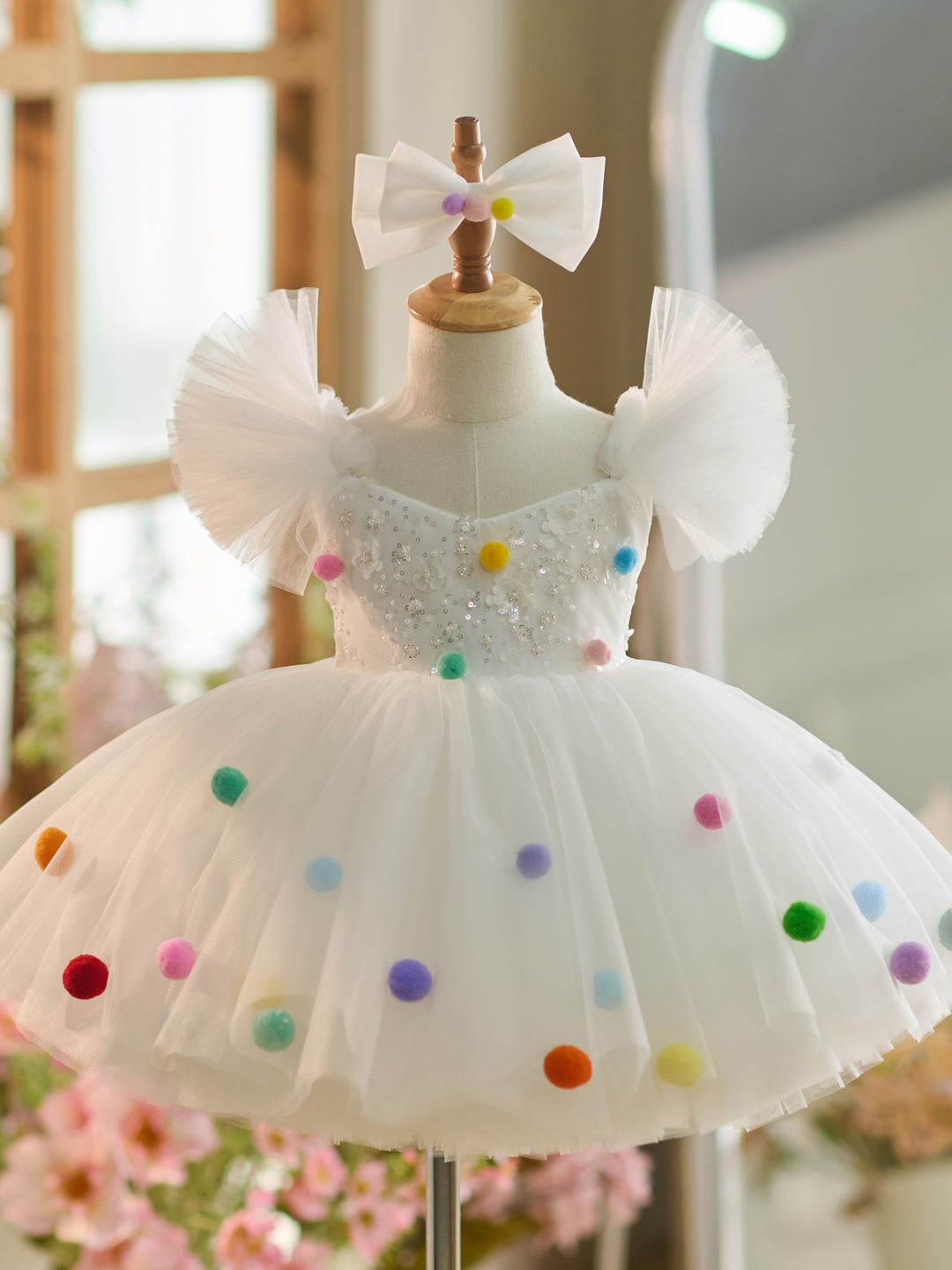 White Sequins Tulle Knee-length 1st Birthday Party Dress