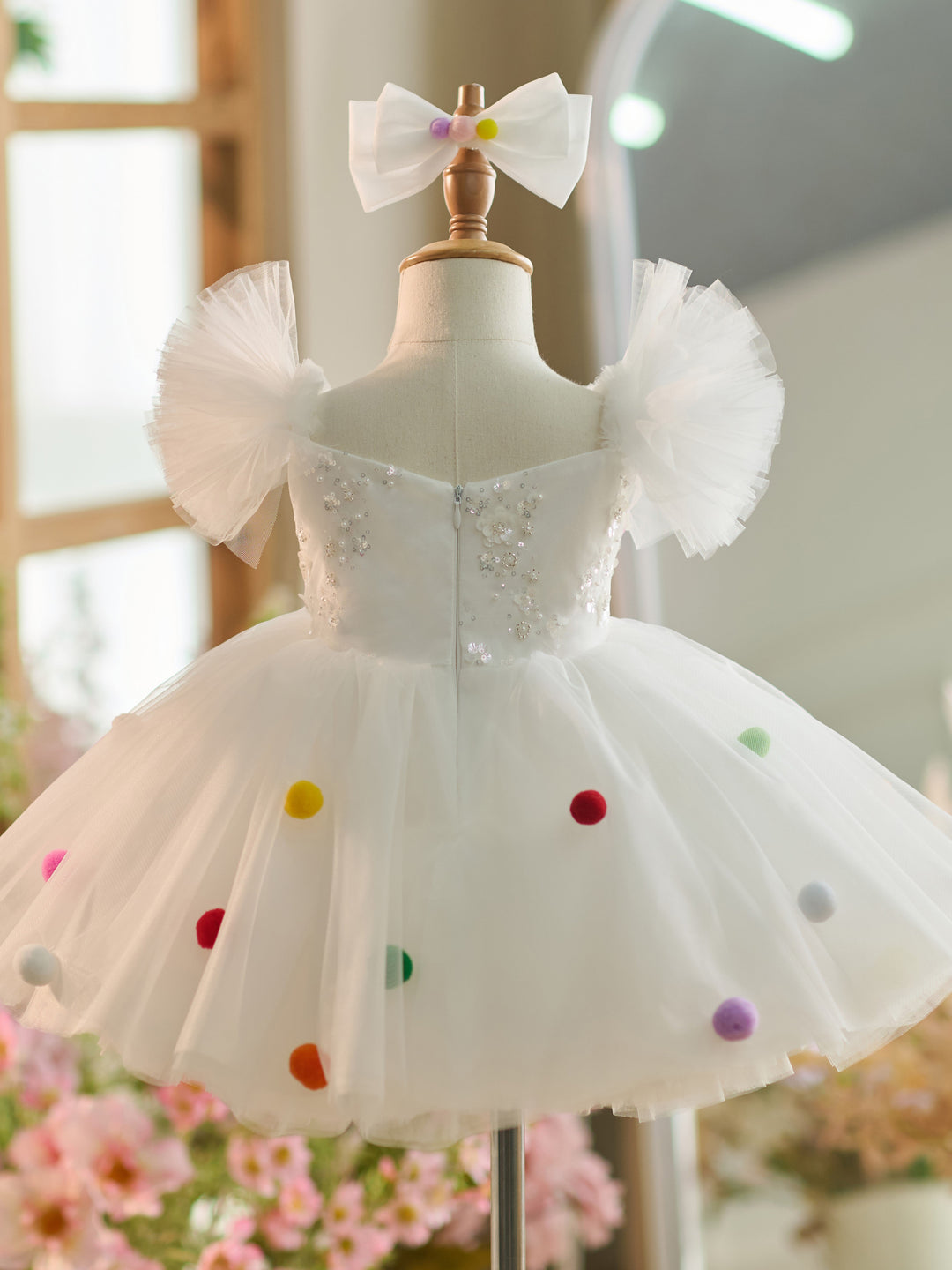 White Sequins Tulle Knee-length 1st Birthday Party Dress