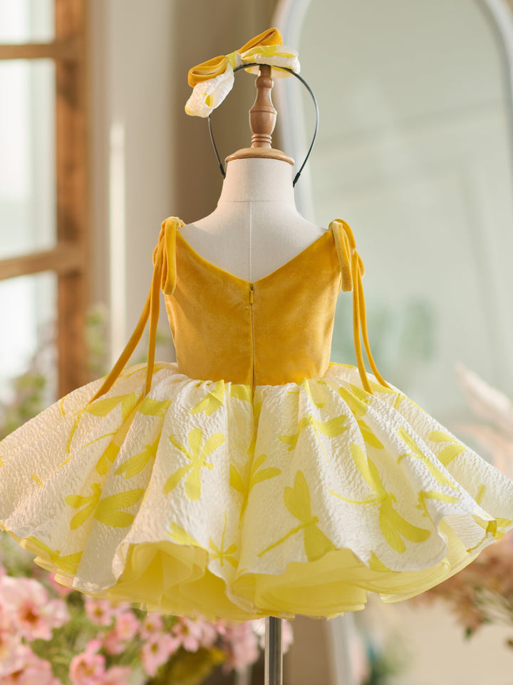 Velvet Tulle Knee-length Gold Toddler Birthday Party Dress