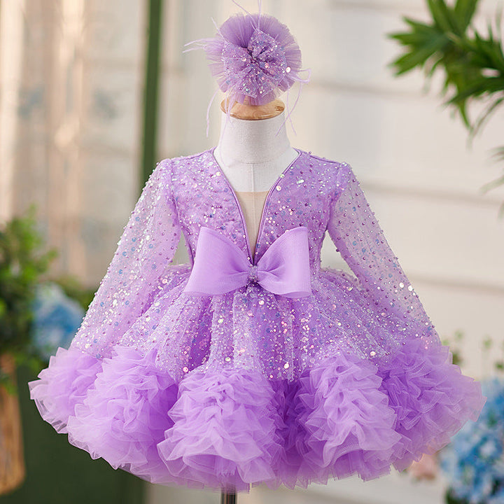 Lilac Sequin Ruffled Long Sleeves Bowknot Knee-length Baby Girl Dress