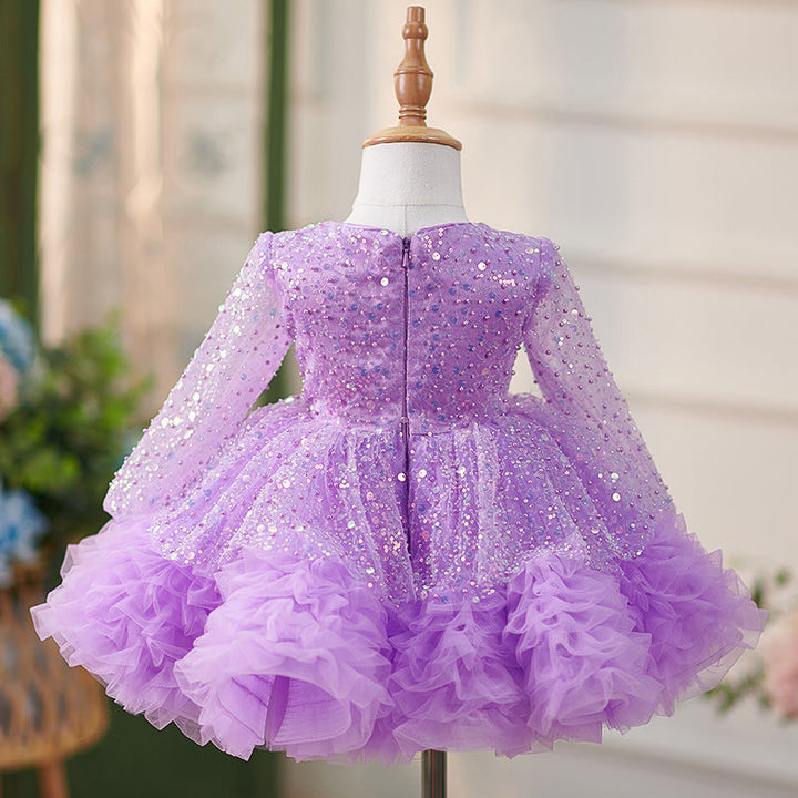 Lilac Sequin Ruffled Long Sleeves Bowknot Knee-length Baby Girl Dress