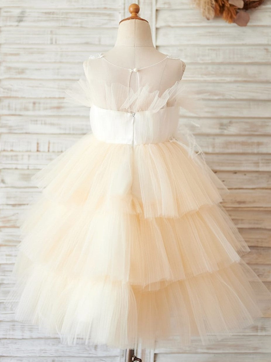 Satin Tulle Knee-length Champagne Flower Girl Dress