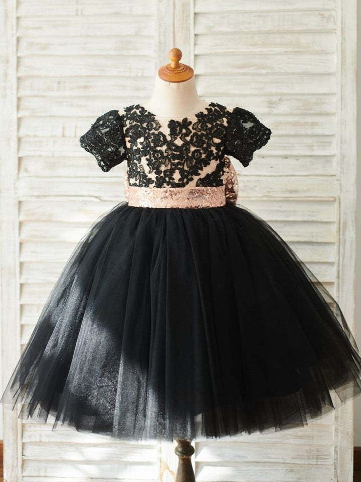 Elegant Black Lace and Tulle  Sequin Waist  Knee-length Girl Dress