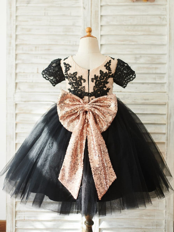 Elegant Black Lace and Tulle  Sequin Waist  Knee-length Girl Dress