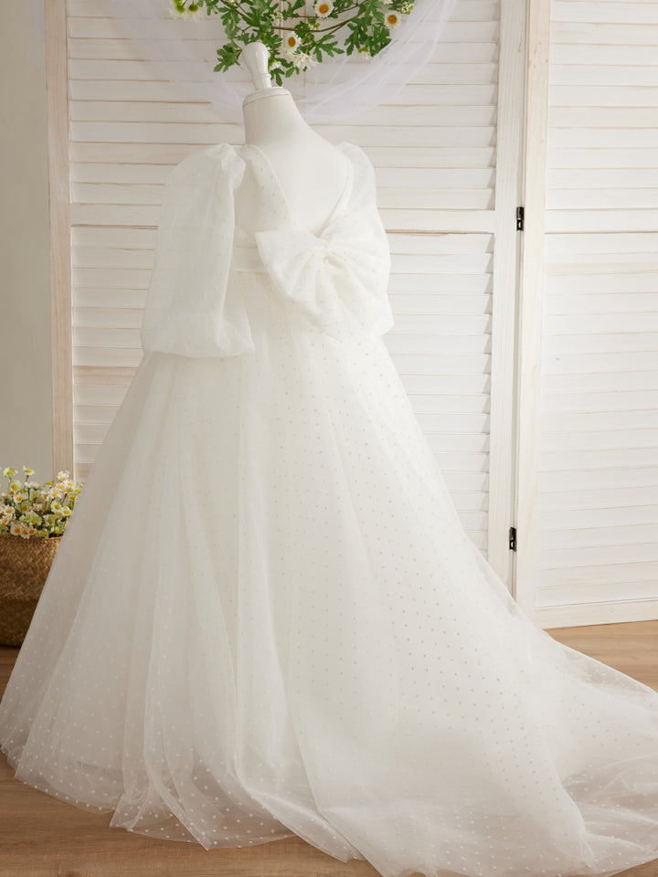 Elegant Polka Dot Tulle Puff Sleeve Sweep Train First Communion Flower Girl Dress