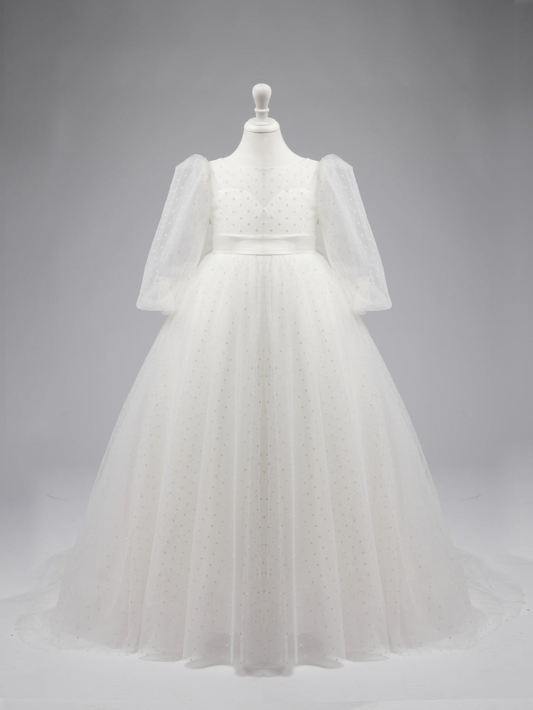 Elegant Polka Dot Tulle Puff Sleeve Sweep Train First Communion Flower Girl Dress