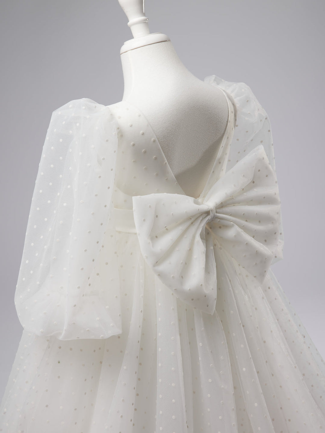 Elegant Polka Dot Tulle Puff Sleeve Sweep Train First Communion Flower Girl Dress