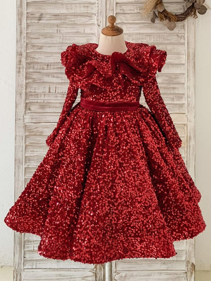 Sequins Velvet Knee-length Burgundy Girl Dress