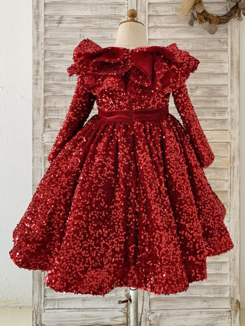 Sequins Velvet Knee-length Burgundy Girl Dress