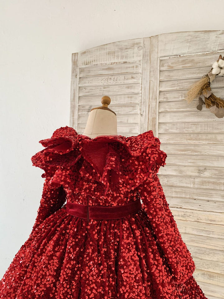 Sequins Velvet Knee-length Burgundy Girl Dress