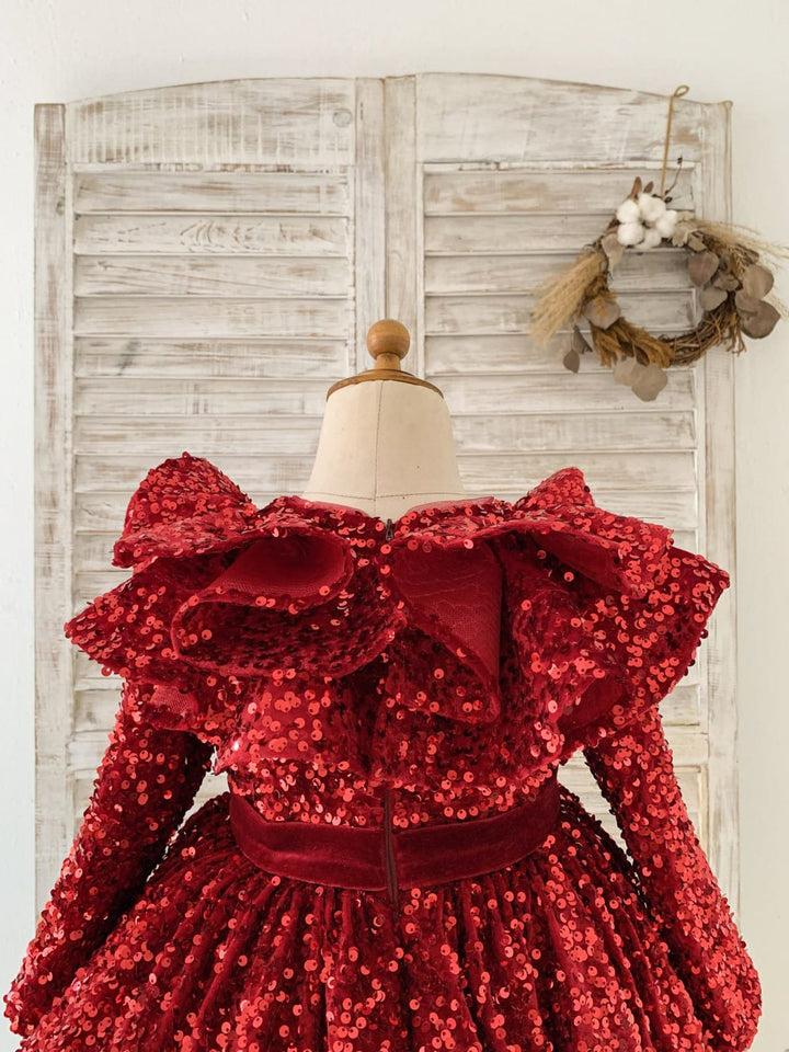 Sequins Velvet Knee-length Burgundy Girl Dress