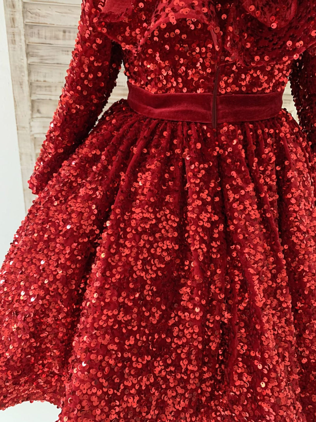 Sequins Velvet Knee-length Burgundy Girl Dress