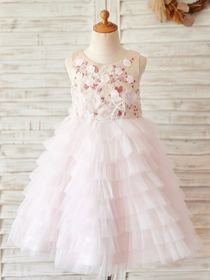 Ball-Gown/Princess Satin Tulle Knee-length Pink Flower Girl Dress